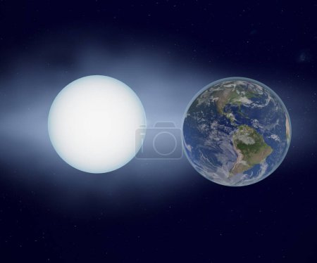 Foto de Estrella enana blanca con el planeta tierra tienen tamaño similar 3d renderizado - Imagen libre de derechos