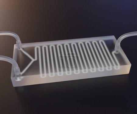 Téléchargez les photos : Puce microfluidique isolée est un ensemble de micro-canaux gravés ou moulés dans un matériau en verre avec tube 3d rendu - en image libre de droit