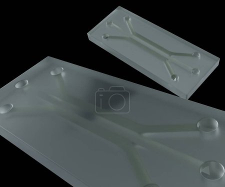 Chip microfluídico aislado es un conjunto de microcanales grabados o moldeados en un material de vidrio 3d renderizado