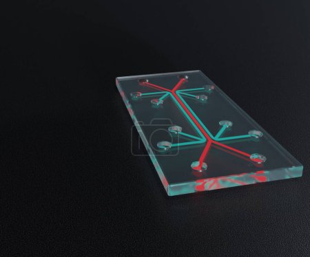Téléchargez les photos : Puce microfluidique isolée est un ensemble de micro-canaux gravés ou moulés dans un matériau en verre 3d rendu - en image libre de droit