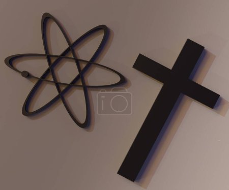 Foto de Signo ateo y signo cristiano al lado de la representación 3d - Imagen libre de derechos