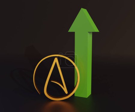 Téléchargez les photos : Symbole athée avec flèche verte pour augmenter le rendu du symbole 3d en arrière-plan noir - en image libre de droit