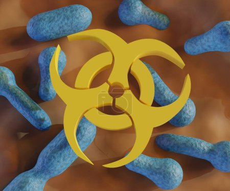 Photo for A biological hazard, or biohazard symbol with pathogenic bacteria scattered 3d rendering - Royalty Free Image