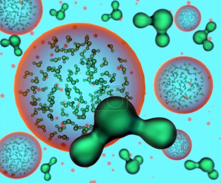 Moléculas de oxígeno dentro de nanoburbujas con molecula de agua 3d renderizado