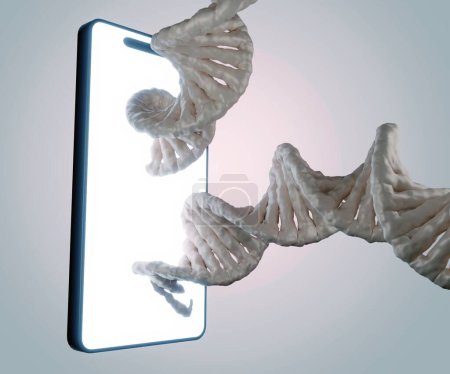 Foto de Smartphone con hebra de ADN aparecen desde el dispositivo de renderizado 3D - Imagen libre de derechos