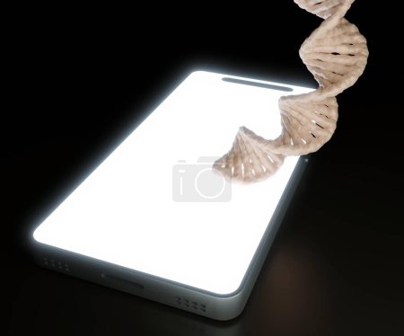 Foto de Smartphone con hebra de ADN aparecen desde el dispositivo de renderizado 3D - Imagen libre de derechos