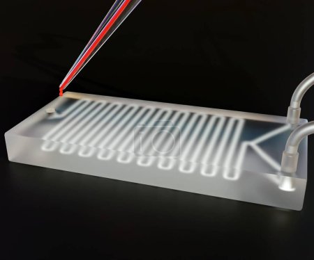 Téléchargez les photos : Puce microfluidique isolée avec échantillon de sang à l'intérieur de la micropipette 3d rendue - en image libre de droit