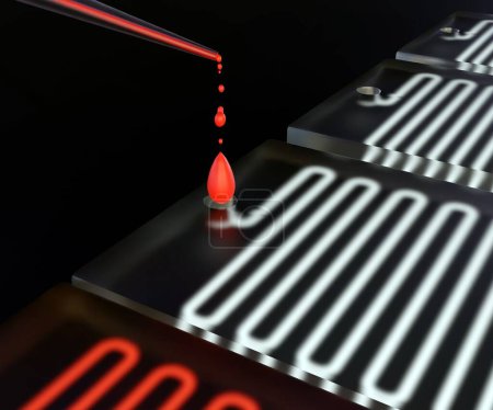 Téléchargez les photos : Puce microfluidique isolée avec échantillon de sang à l'intérieur de la micropipette 3d rendue - en image libre de droit