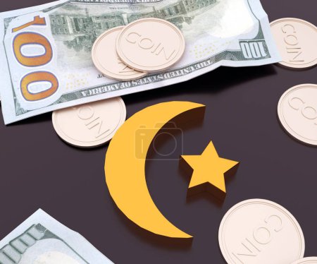 Téléchargez les photos : Croissant de lune comme un symbole de l'islam avec du papier-monnaie et des pièces de monnaie 3d rendu - en image libre de droit
