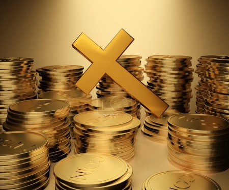 Photo for Golden cross with pile of golden coins as a symbol of wealth 3d rendering - Royalty Free Image