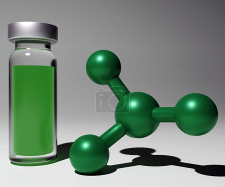 Téléchargez les photos : Le vert de Scheele était chargé d'arsénite de cuivre, l'utilisation de l'arsenic vert. molécule d'arsénite verte avec liquide vert à l'intérieur de la bouteille de flacon rendu 3d - en image libre de droit