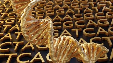 Foto de Oro letras ATGC fondo. Adenina, timina, citosina y guanina son los cuatro nucleótidos que se encuentran en el renderizado 3D del ADN - Imagen libre de derechos