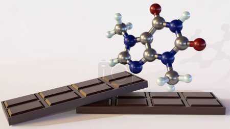 Foto de La teobromina o xantea, es el principal alcaloide de Theobroma cacao. teobromina moléculas y barra de chocolate 3d renderizado - Imagen libre de derechos