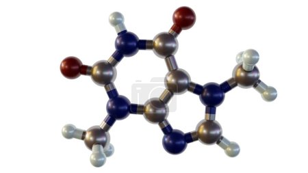 Foto de La teobromina o xantea, es el principal alcaloide de Theobroma cacao. Moléculas aisladas de teobromina en el fondo blanco 3d renderizado - Imagen libre de derechos