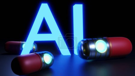 intellegence artificielle ou technologie IA avec capsule Robot machine drogue dans le fond noir rendu 3d