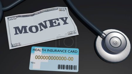 Photo for Health insurance card, stethoscope, and scattered $100 paper money 3D rendering - Royalty Free Image