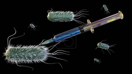 Foto de Jeringa médica que inyecta E. coli para la investigación de ingeniería genética 3d rendering - Imagen libre de derechos