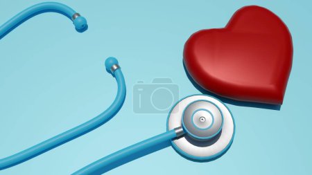 Foto de Un solo estetoscopio y una forma de corazón rojo sobre un fondo aislado, representación 3D. - Imagen libre de derechos