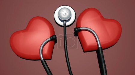 Foto de Un solo estetoscopio y una forma de corazón rojo sobre un fondo aislado, representación 3D. - Imagen libre de derechos