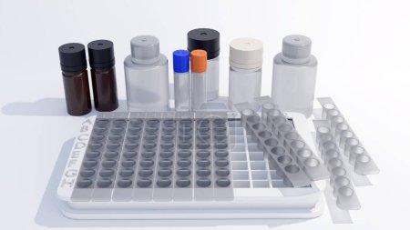 Enzyme-linked immunosorbent assay (ELISA) kits removeable plate strips, reagents and ultrasensitive biomarker detection 3d rendering