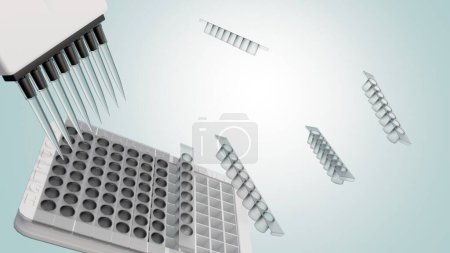 Foto de Kits de ensayo inmunoabsorbente unido a enzimas (ELISA) tiras de placas extraíbles, reactivos, detección de biomarcadores ultrasensibles y renderizado 3D de micropipeta de 8 canales - Imagen libre de derechos