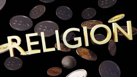Téléchargez les photos : Un rendu 3D de lettres de religion dorée avec des pièces tombées d'en haut sur un fond noir - en image libre de droit