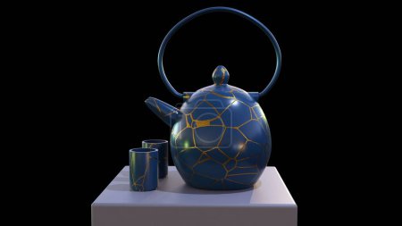 Photo for 3D rendering of a kintsugi teapot. teapot that has been repaired using the Japanese art of kintsugi. - Royalty Free Image