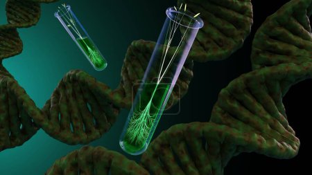 3D-Darstellung der Pflanzenkeimung im Reagenzglas und Nahaufnahme einer DNA-Helix.
