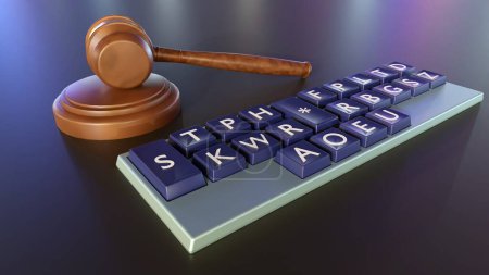 Photo for Close-up 3D rendering of a stenotype keyboard, also known as a shorthand keyboard or stenograph, with a court gavel - Royalty Free Image