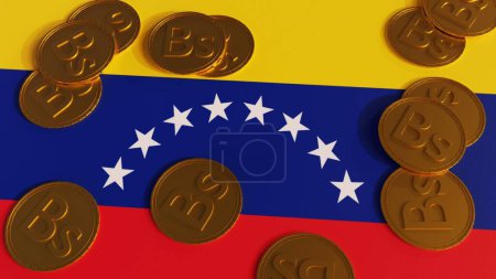 Téléchargez les photos : Un rendu 3D du drapeau vénézuélien et une pile de pièces d'or bolvar représentent la force économique de la nation - en image libre de droit