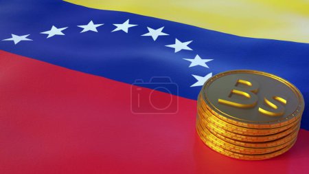 Téléchargez les photos : Un rendu 3D du drapeau vénézuélien et une pile de pièces d'or bolvar représentent la force économique de la nation - en image libre de droit