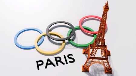 Téléchargez les photos : Rendu 3D de la Tour Eiffel debout à côté des cinq anneaux olympiques sur fond blanc - en image libre de droit