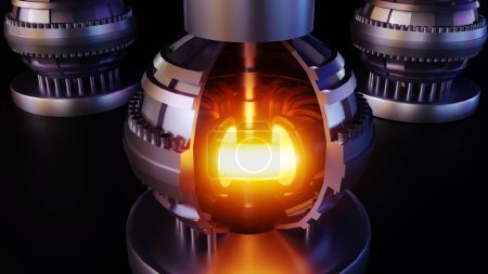 Foto de Una representación 3D del modelo miniaturizado de un reactor de fusión, muestra un campo magnético que limita el plasma sobrecalentado dentro de una cámara en forma de rosquilla. - Imagen libre de derechos