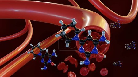Téléchargez les photos : 3d rendu des molécules de Minoxidil dans le vaisseau sanguin. l'action du minoxidil de détendre les vaisseaux sanguins facilite le flux sanguin, abaissant ainsi la pression artérielle. - en image libre de droit