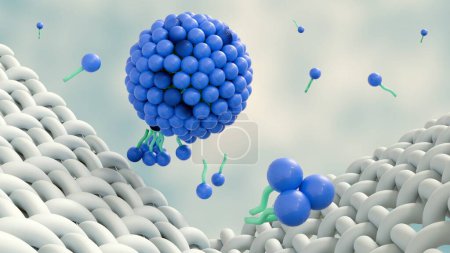 Téléchargez les photos : Le rendu 3d des molécules de savon forme des structures appelées micelles. il forme une émulsion dans l'eau et aide à dissoudre la saleté lorsque nous lavons nos vêtements. - en image libre de droit