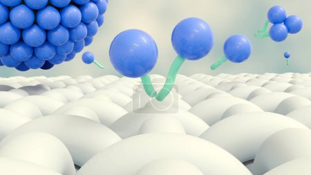 Téléchargez les photos : Le rendu 3d des molécules de savon forme des structures appelées micelles. il forme une émulsion dans l'eau et aide à dissoudre la saleté lorsque nous lavons nos vêtements. - en image libre de droit
