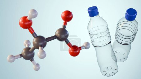 Téléchargez les photos : 3d rendu de molécules d'acide lactique flotte au-dessus des bouteilles d'eau en plastique bleu sur le fond bleu clair - en image libre de droit