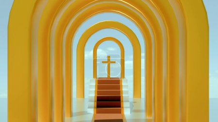 Foto de 3d representación de un arco de oro con una alfombra roja que conduce a una cruz al final de un callejón - Imagen libre de derechos