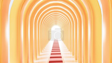 una representación en 3D de un arco largo y dorado con una alfombra roja que conduce a una luz radiante en la distancia, que recuerda a un portal o puerta de entrada a otro mundo.