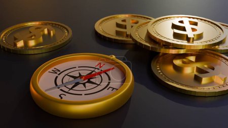 3D-Darstellung von Goldmünzen und einem Kompass