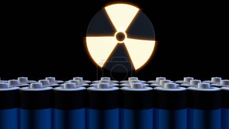 Téléchargez les photos : Rendement 3D du symbole nucléaire lumineux et des batteries. - en image libre de droit