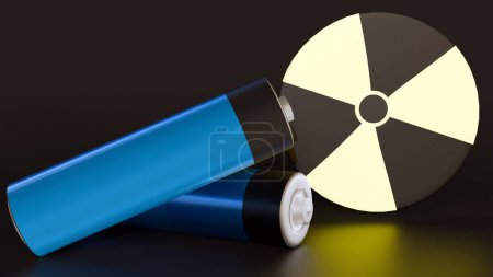Foto de 3D representación de brillante símbolo nuclear y baterías. - Imagen libre de derechos