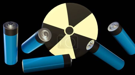 Foto de 3D representación de brillante símbolo nuclear y baterías. - Imagen libre de derechos