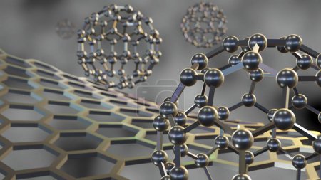 Kohlenstoff-Nanostruktur namens Fullerene auf dem schwarzen Hintergrund 3D-Rendering
