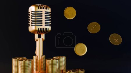3d rendering of gold Bidirectional microphone with stack of gold coins