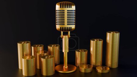 3d rendering of gold Bidirectional microphone with stack of gold coins