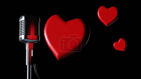 3d representación de micrófono bidireccional con forma de corazón rojo