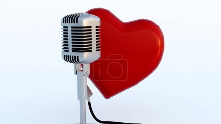 3d representación de micrófono bidireccional con forma de corazón rojo