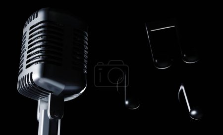 3D representación de micrófono bidireccional con notas de música