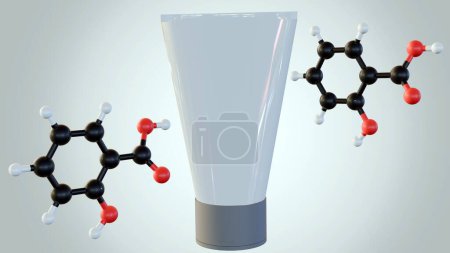 3d renderizado de moléculas de ácido salicílico y recipiente de jabón facial